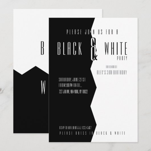 Invitations des parties moderne, noire et blanche (Devant / Derrière)