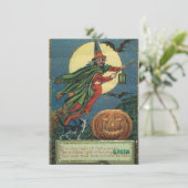Invitations d'Halloween Vintage d'une sorcière vol (Debout devant)