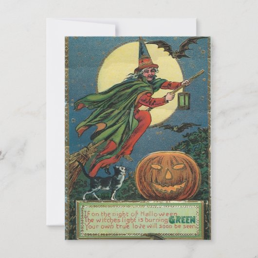 Invitations d'Halloween Vintage d'une sorcière vol (Devant)