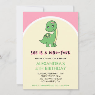 invitations dinosaure fille 4ème anniversaire rose