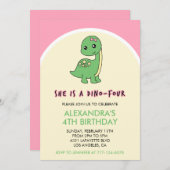 invitations dinosaures fille 4e anniversaire rose (Devant / Derrière)