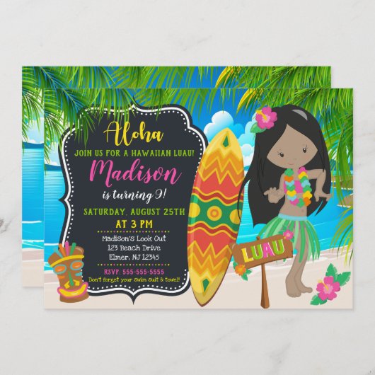 Invitations d'invitation d'anniversaire de Luau (Devant / Derrière)