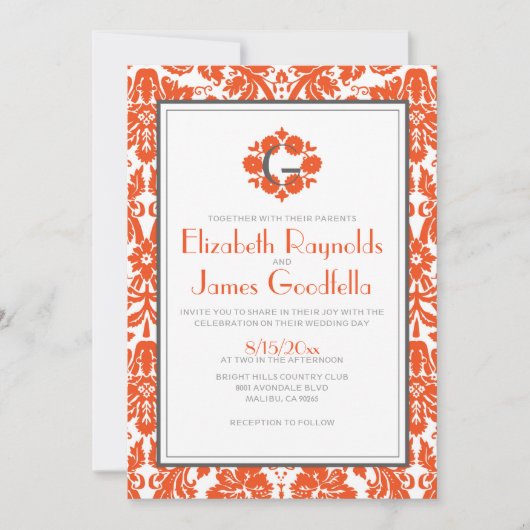 Invitations d'Orange Monogramme Mariage damassé (Devant)
