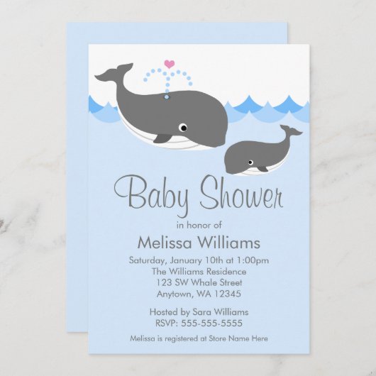 Invitations douces de baby shower de baleine (Devant / Derrière)