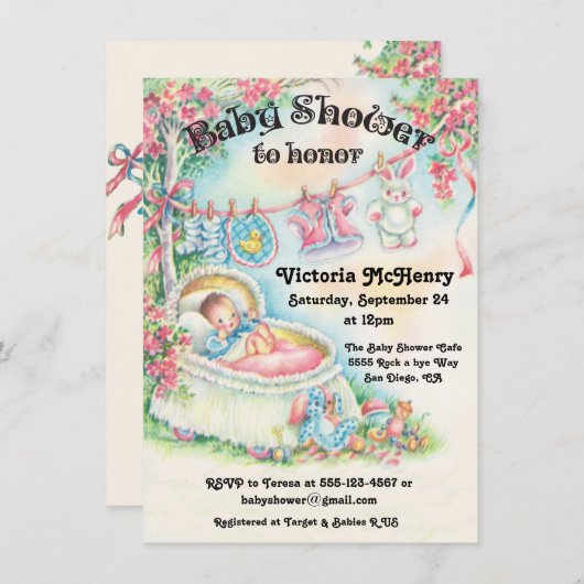 invitations douces Vintages à la douche pour bébé (Devant / Derrière)