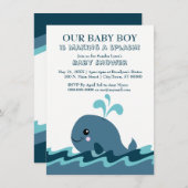 Invitations du Baby shower bleu à thème baleine (Devant / Derrière)