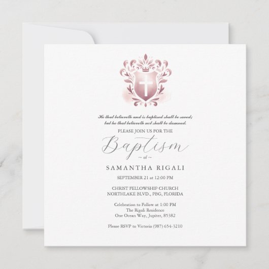 Invitations du baptême carré Rose religieux (Devant)
