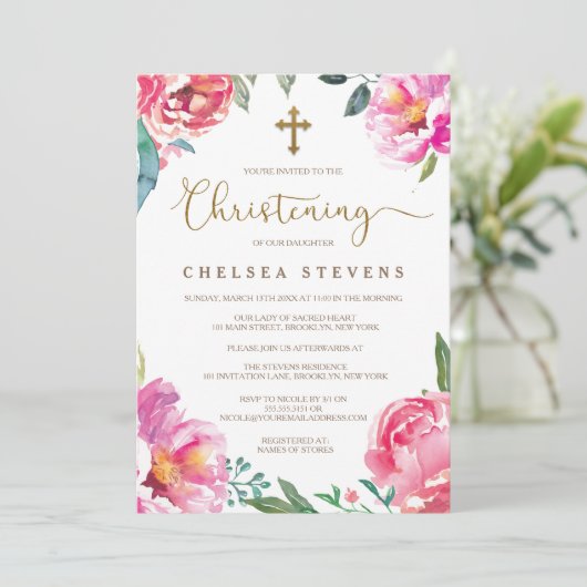 Invitations du baptême | Pies roses (Debout devant)