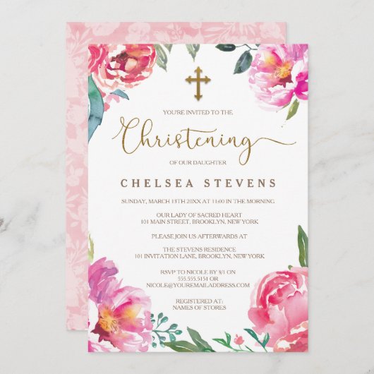 Invitations du baptême | Pies roses (Devant / Derrière)