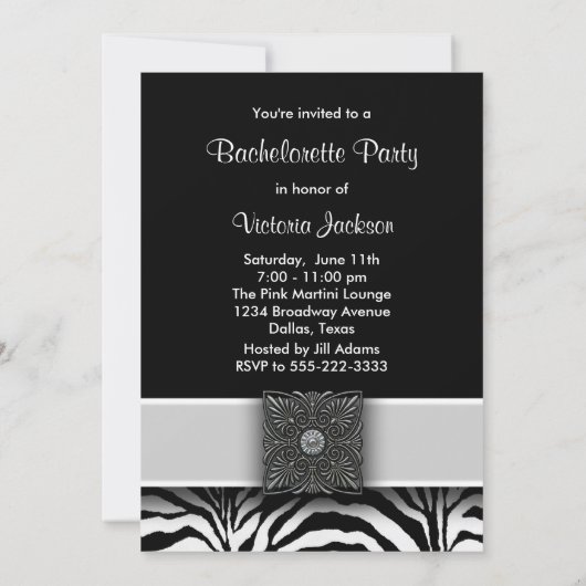 Invitations du Black Zebra Bachelorette Party (Dos)