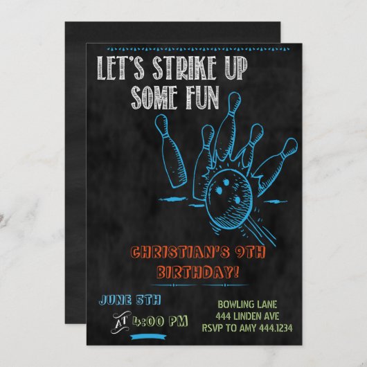 Invitations du Chalkboard Bowling Party (Devant / Derrière)