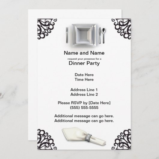 Invitations du dîner sur mesure Silver Elegance (Devant / Derrière)