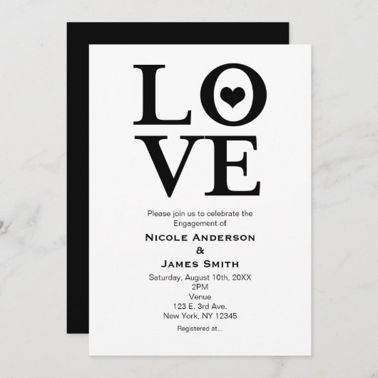 Invitations du Fiançailles Mariage LOVE Black & Wh (Devant / Derrière)
