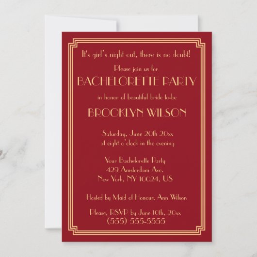 Invitations du Gatsby Art Déco Red Bachelorette Pa (Devant)
