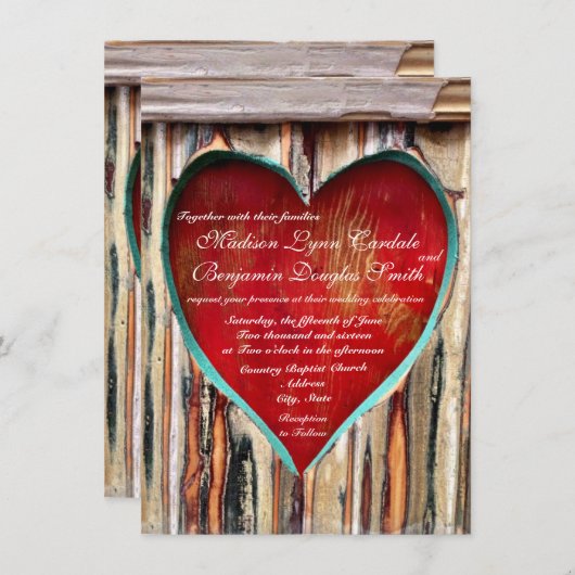 Invitations du Mariage campagnard Rustic Wood Hear (Devant / Derrière)