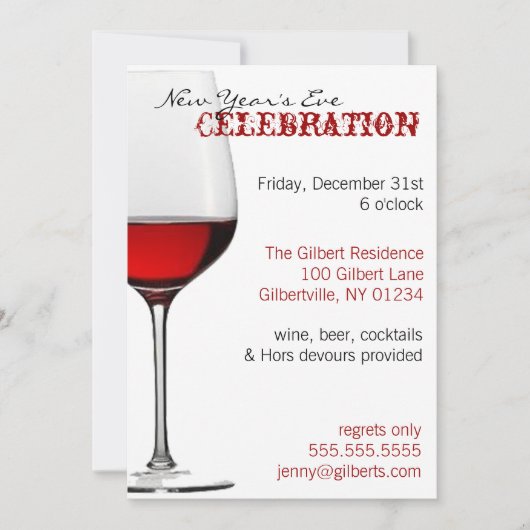 Invitations du Nouvel An en verre de vin rouge (Devant)