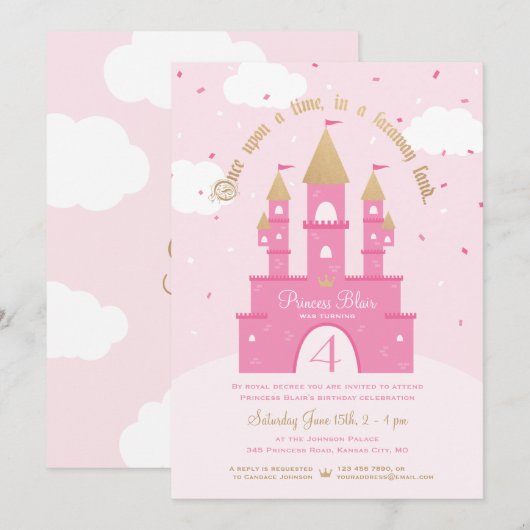 Invitations du Princess Party | Château rose et or (Devant / Derrière)