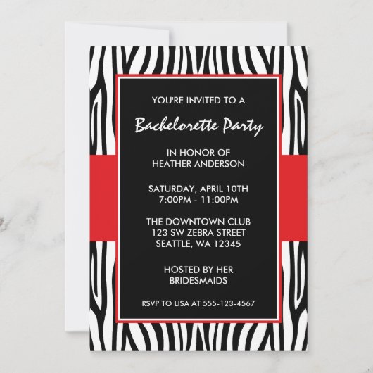 Invitations du Red Zebra Bachelorette Party (Devant)