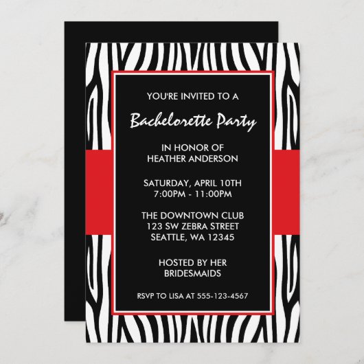 Invitations du Red Zebra Bachelorette Party (Devant / Derrière)