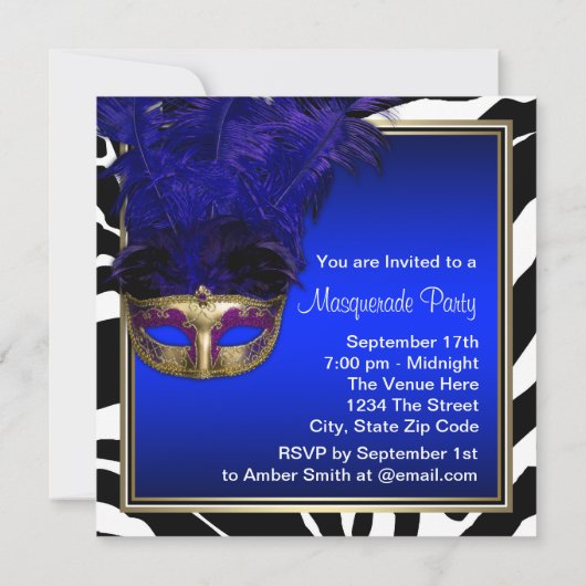 Invitations du Royal Blue Zebra Masquerade Party (Dos)