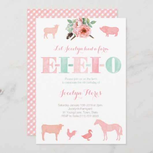 Invitations EIEIO, Ancien MacDonald fête d'anniver (Devant / Derrière)