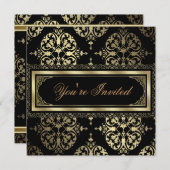 Invitations Elegant Gold Black Damask Party (Devant / Derrière)