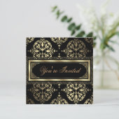 Invitations Elegant Gold Black Damask Party (Debout devant)