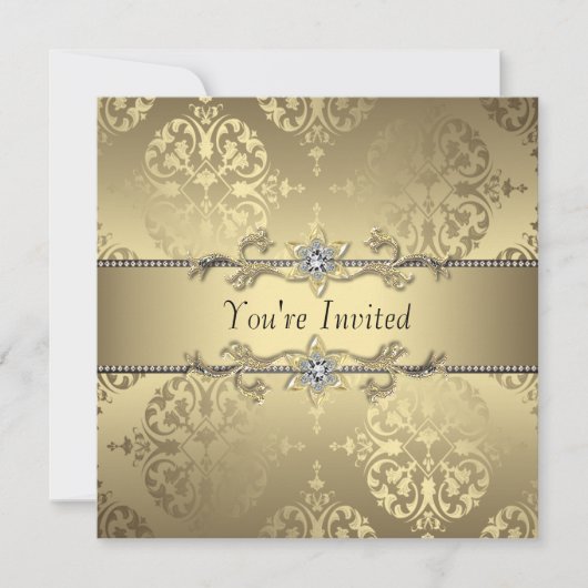 Invitations Elegant Gold Black Damask Party (Devant)