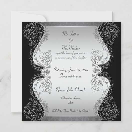Invitations élégantes aux mariages noir et argent (Devant)