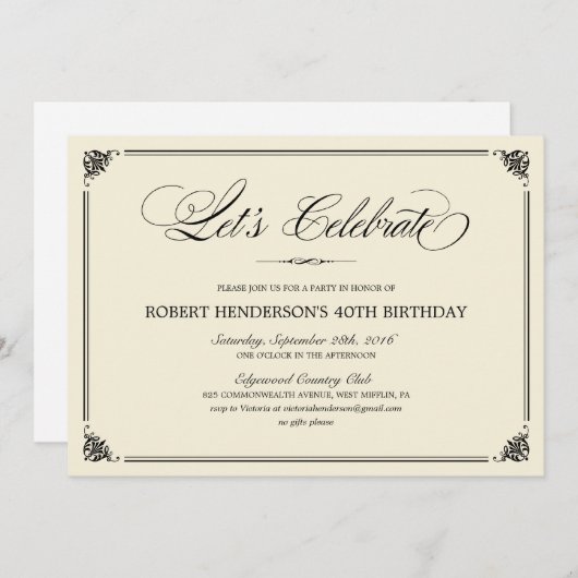 Invitations élégantes d'anniversaire (Devant / Derrière)
