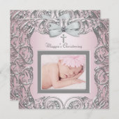 Invitations élégantes de Christening rose et gris (Devant / Derrière)