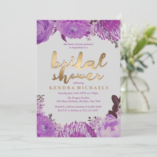 Invitations Élégantes de douche nuptiale violet (Debout devant)
