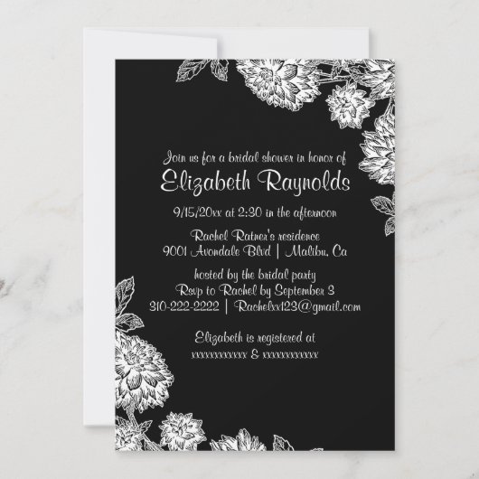 Invitations Élégantes de douches nuptiales en noir (Devant)