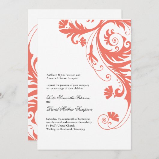 Invitations Élégantes de mariage de corail (Devant / Derrière)