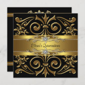 Invitations élégantes de Quinceanera Noir et Or (Devant / Derrière)