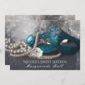 Invitations élégantes Masquerade Masque & Perles (Devant / Derrière)