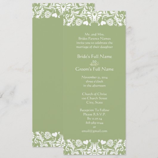 Invitations élégantes Vintage Green Mariage damass (Devant / Derrière)