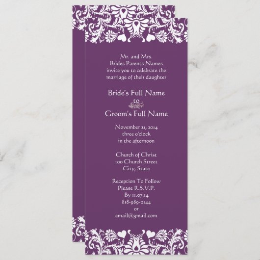 Invitations Élégantes Vintage Plum Mariage damassé (Devant / Derrière)