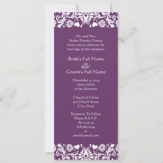 Invitations Élégantes Vintage Plum Mariage damassé (Devant)