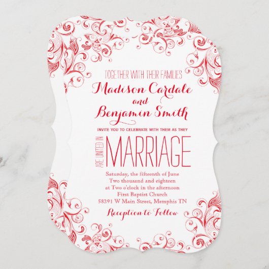 Invitations élégants rouges et blancs de mariage (Devant / Derrière)