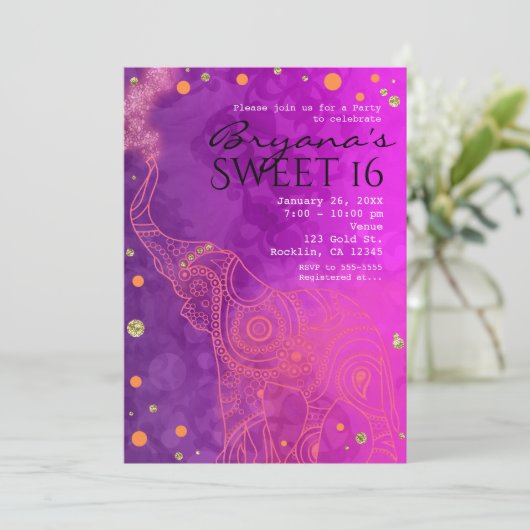 Invitations Elephant violet rose orange et or (Debout devant)