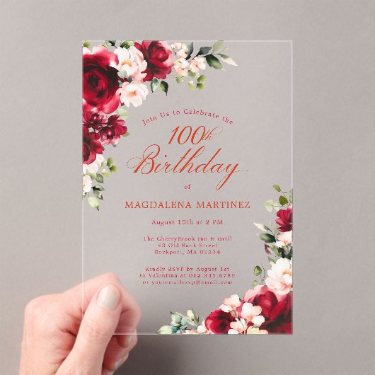 Invitations En Acrylique 100e anniversaire Rose rouge rose rose rose poitri (In situ (ordinateur de poche))