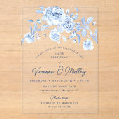Invitations En Acrylique 100e fête d'anniversaire Dusty Blue Floral (Recto)