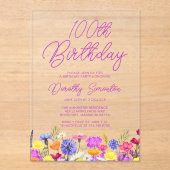 Invitations En Acrylique 100e fête d'anniversaire Fleur sauvage violet (Recto)