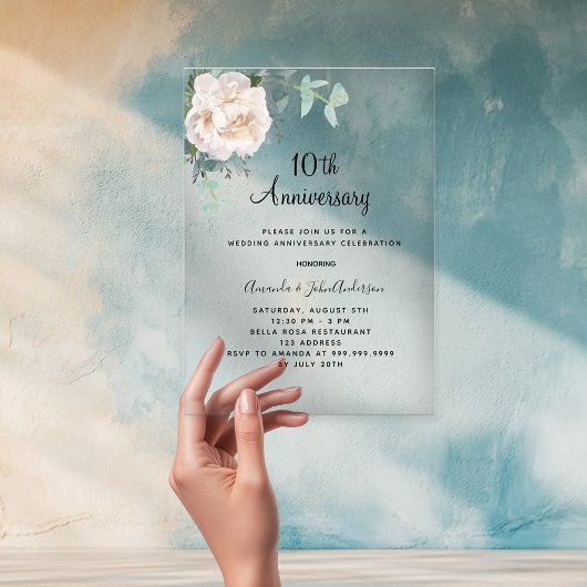 Invitations En Acrylique 10e anniversaire de mariage floral blanc gelé