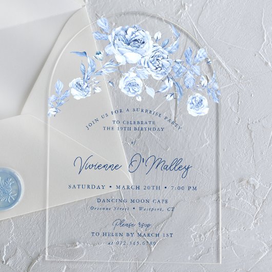Invitations En Acrylique 19e anniversaire Surprise Party Blue Floral Arch