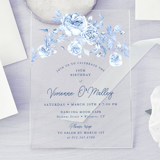 Invitations En Acrylique 19e fête d'anniversaire Dusty Blue Floral