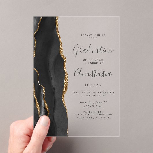 Invitations En Acrylique 2025 Black Gold Agate Gris Texte Graduation (In situ (ordinateur de poche))