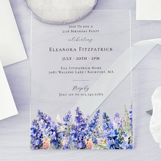 Invitations En Acrylique 21e anniversaire Bleu Larkspur Juillet Fleur de na