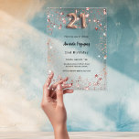 Invitations En Acrylique 21e anniversaire rose or étoiles clair fête<br><div class="desc">Pour une soirée élégante de 21ème anniversaire. Un arrière - plan clair et transparent. Décoré d'étoiles d'or rose et numéro 21,  écrit avec une police de style ballon. Personnalisez et ajoutez votre nom et les détails de votre fête.</div>